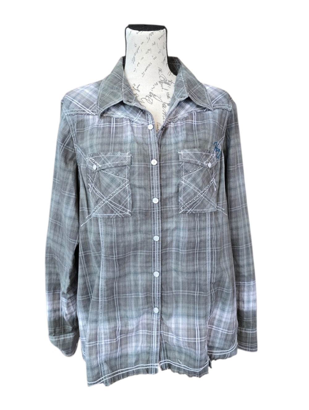 Harley-Davidson Gray Green Plaid Long-Sleeve Snap Button Shirt 1W